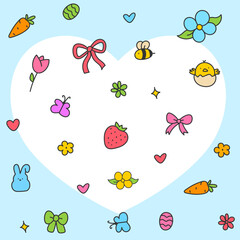 Hello April . Cute set of spring elements. Birds, flowers, insects, leaves.  flowers in bloom, geese and rabbits, vintage style, vector design. Happy Easter poster. Easter eggs and bunny in flowers 