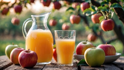Glass and jug of apple juice with fresh fruits on outdoor wooden table. Refreshing summer beverage