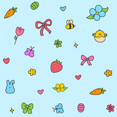 Hello April . Cute set of spring elements. Birds, flowers, insects, leaves.  flowers in bloom, geese and rabbits, vintage style, vector design. Happy Easter poster. Easter eggs and bunny in flowers 