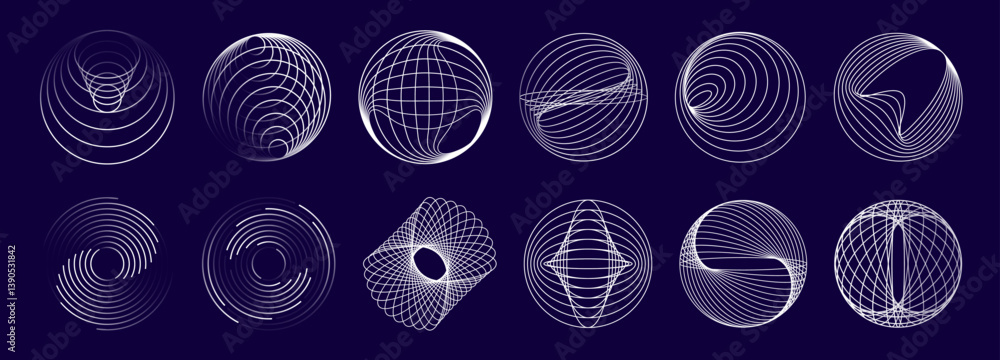 Aufkleber Concentric round line spiral swirls and geometric wave shapes, vector circles set. Wireframe globes with line rings pattern or circular spirals, concentric sphere balls with geometric mesh structure