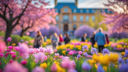 Obraz premium A beautiful spring day with a soft-focus background displaying colorful blossoms and a joyful vibe. Attendees appreciate the lovely blooms in a vibrant outdoor space.
