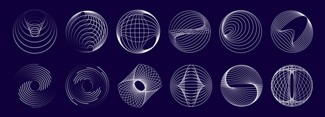 Concentric round line spiral swirls and geometric wave shapes, vector circles set. Wireframe globes with line rings pattern or circular spirals, concentric sphere balls with geometric mesh structure