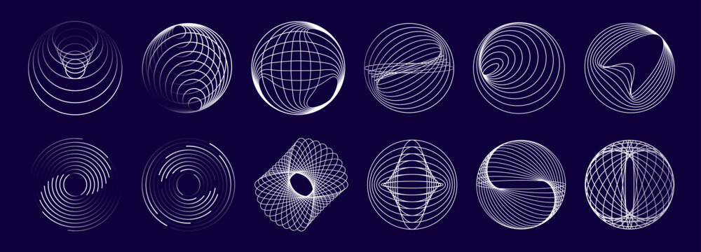 Concentric round line spiral swirls and geometric wave shapes, vector circles set. Wireframe globes with line rings pattern or circular spirals, concentric sphere balls with geometric mesh structure