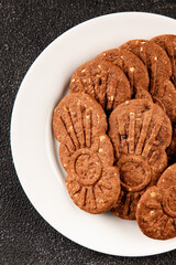Cookie chocolate nuts sweet cereal dessert organic fresh tasty gourmet food background on the table rustic food top view copy space