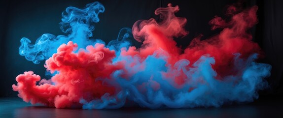 Black backdrop showcasing artificial smoke with red and blue illumination in darkness