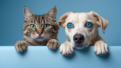 Banner displaying pets, cat and dog obscured. Isolated on a pastel blue background.