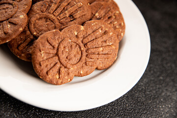 Cookie chocolate nuts sweet cereal dessert organic fresh tasty gourmet food background on the table rustic food top view copy space