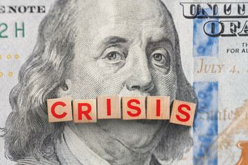 Wooden cubes Crisis on 100 dollar bill, top view. Global economic crisis, concept. Economic war and...