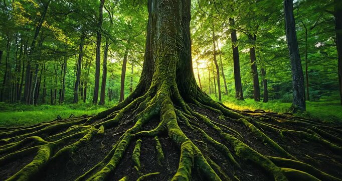 Low angle static shot: The camera is angled up at a tree with large roots in a forest. The sunlight shines through the trees.