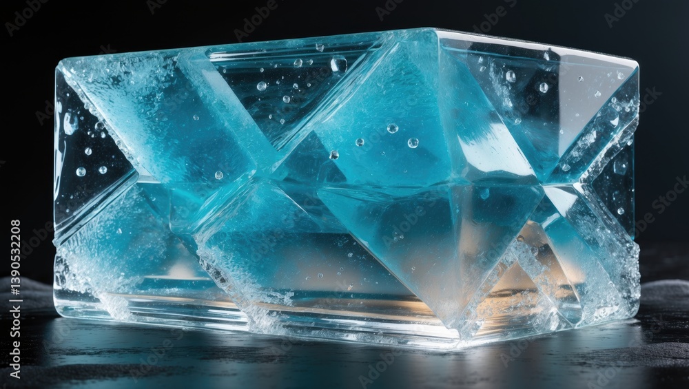 Poster transparent frosty ice block with natural texture isolated on a dark background.