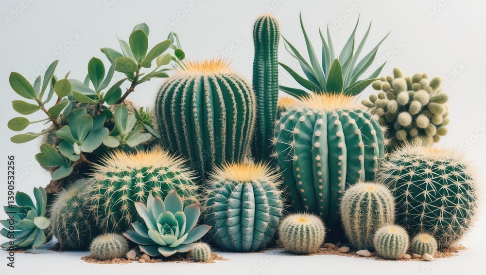 Poster set of isolated cactus and shrub on a white background with clipping paths