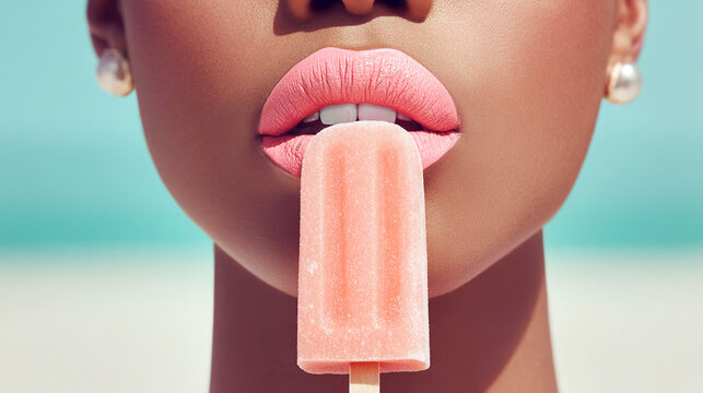 Close up of Black woman face and pouty lips with pink lipstick holding a popsicle. Beach ocean bright sunlight. Beauty skin care make up cosmetics concept banner