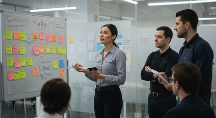 A confident female leader presents a dynamic project plan using colorful sticky notes to a focused team during a productive brainstorming session in a bright modern office.