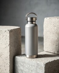 Minimalist studio photo of a stainless steel thermos flask on concrete block modern home decor soft matte finish indoor setting artistic viewpoint