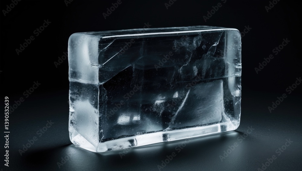 Poster big rectangular ice chunk separated on a dark backdrop