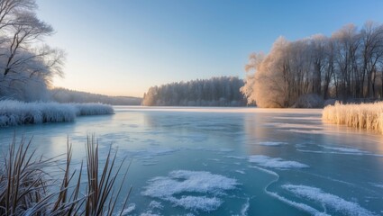 cold moor with reeds under a winter sunset
