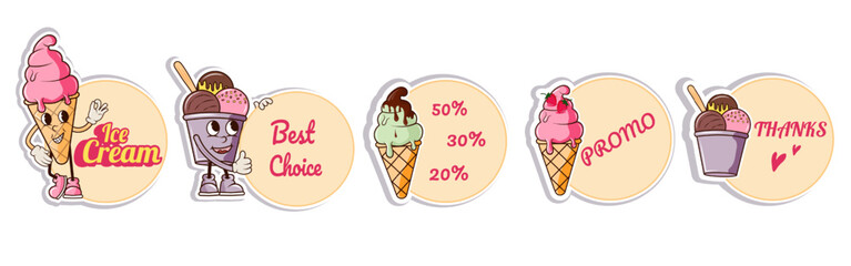 Fun and colorful set of groovy style stickers with text for ice cream with cones, cups and toppings. Frames for text. Perfect for kids branding, summer themes, packaging, promotions, discounts.