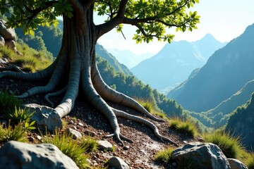 Tree roots exposed on a rock in a mountainous landscape, rocky terrain, mountains, primitive