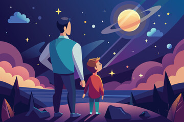 A father and son stand hand in hand, gazing up at the magnificent rings of Saturn among a vivid starry sky, surrounded by dark silhouettes of trees and mountains. © Tanu