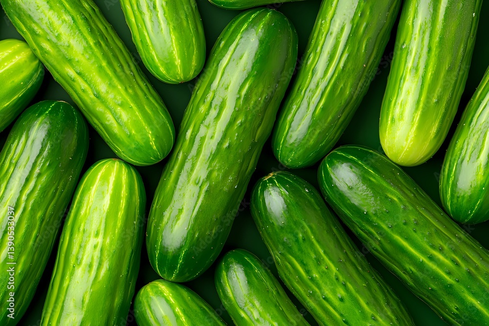 Aufkleber fresh green cucumbers arranged in rows creating natural pattern. close-up view of organic vegetables