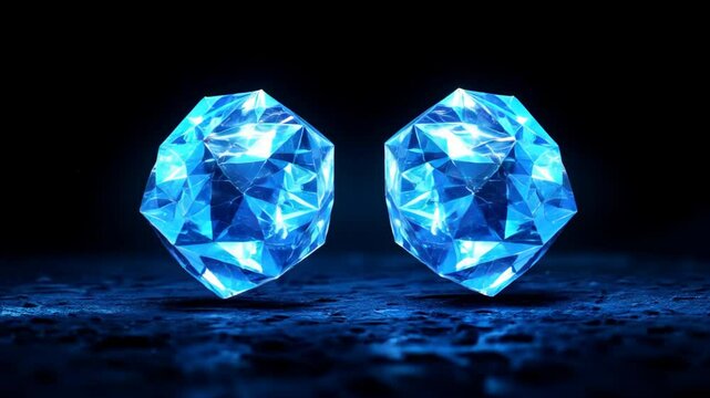 Two blue diamonds glow with energy on rough surface. Futuristic gems, treasures of unknown realms, power, elegance, mystery in digital brilliance 4k 60 fps.