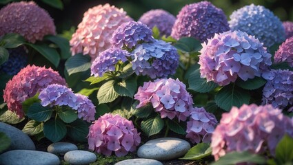 Vibrant pink and purple hydrangeas flowering.