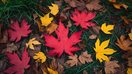 Leaves on the ground. Red maple leaf. Yellow. Green grass. Seasonal. Nature. Cycle. Pile. Aerial view. Above. Vibrant. Color. Crimson. Brown.