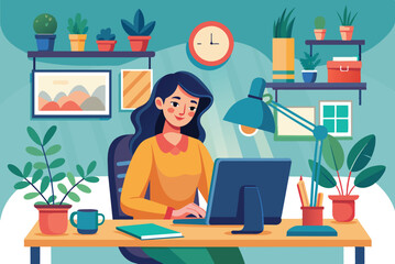 A young woman types on her computer in a cozy home office, filled with greenery and organized shelves, creating a peaceful workspace during daylight hours.