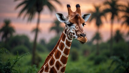 Obraz premium A magnificent reticulated giraffe towering in the savanna, its coat's intricate patterns beautifully contrasting with the vibrant greenery, embodying the spirit of wildlife.