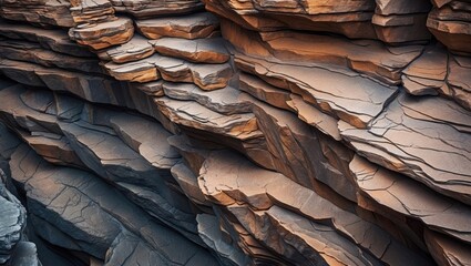 Sedimentary rock textures and background layers with cracks on cliff face. Mountain rock cliffs. Slate rock formations in the mountains. Continuous abstract backdrop. Sandstone layers and fractures.