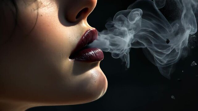 Close up lips exhale smoke, illusion, escaping negativity. Metaphor of release, transformation from dark to vapor, capturing inner emotion in 4k 60 fps.