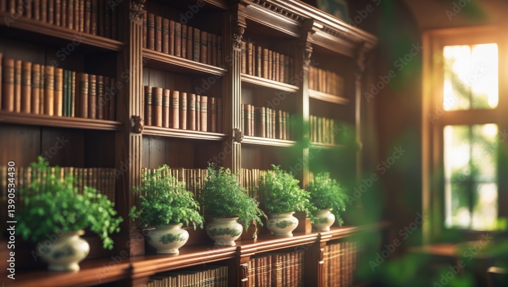 Aufkleber blurred view of a calming home library displaying wooden bookshelves overflowing with books and rich