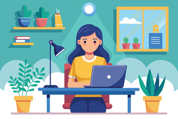 A young woman sits at a desk with her laptop, deeply focused on her work. Bright plants and neatly arranged shelves create a cheerful and inspiring workspace.
