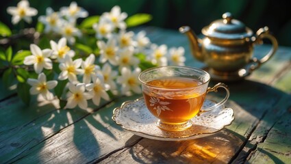 Jasmine tea with a fragrant aroma and fresh blooms on a wooden surface