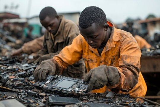 Workers sorting electronic waste for recycling and precious metal recovery in agbogbloshie, ghana