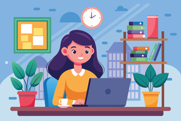 A young woman sits at a desk, focused on her laptop in a colorful office filled with books, plants, and a wall clock, creating a warm and inviting atmosphere.