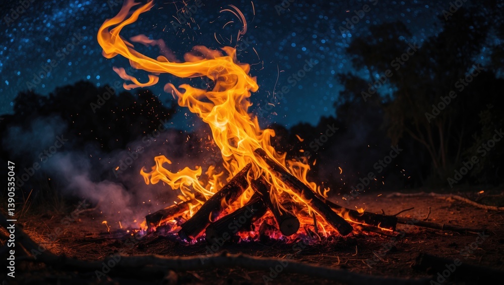 Poster a bonfire crackles and dances in an open space, throwing an orange glow into the night sky. the flam