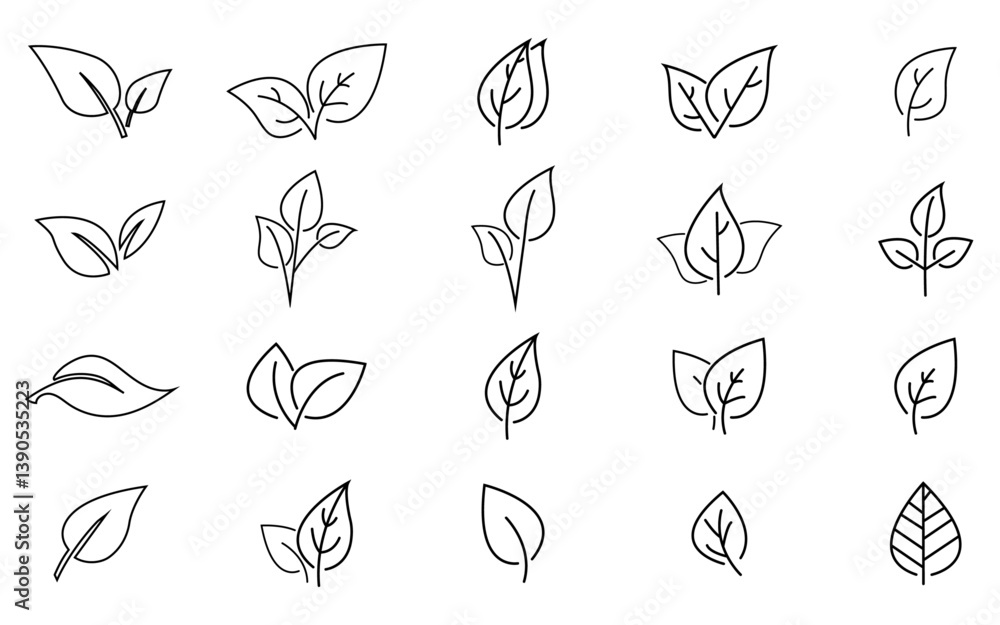 Poster leaf icon set outlined vector icon collection stroke elements line leaf illustration on transparent 