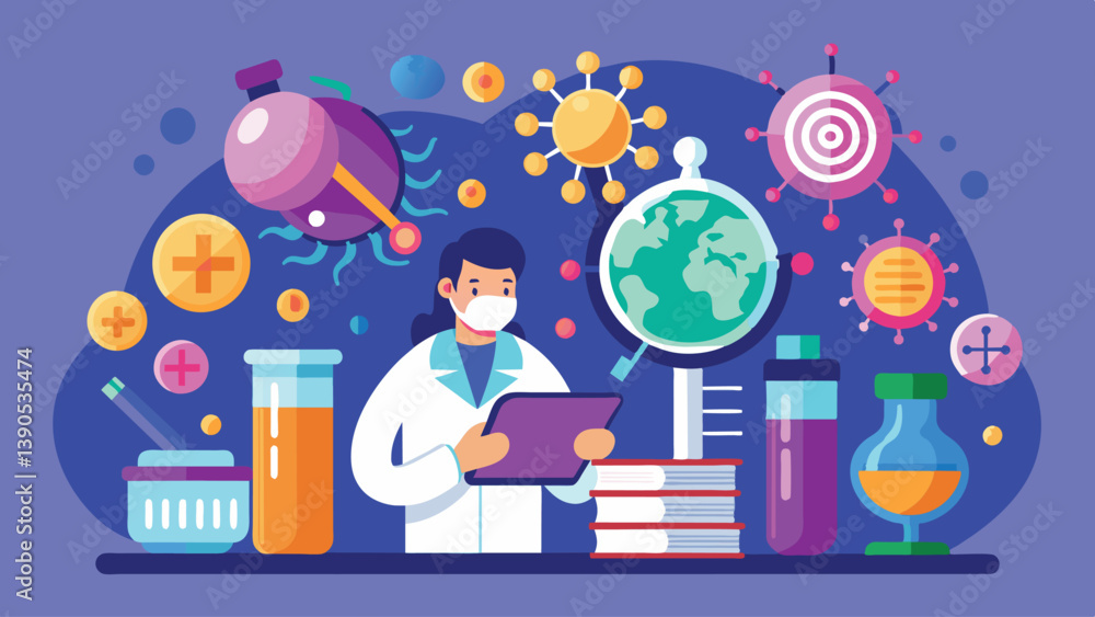 Poster a scientist wearing a mask stands at a lab bench, using a tablet while surrounded by colorful labora