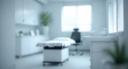 Unclear view of office that includes an examination table