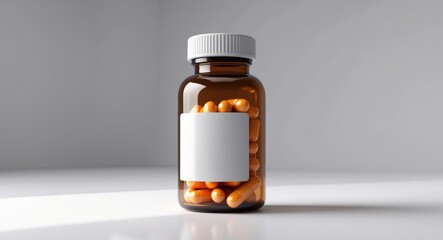 Brown pill bottle with empty label on white background