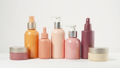 Various cosmetic containers arranged on pure white surface, makeup, elegant