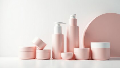 Various cosmetic containers, pristine white backdrop , flat lay, tools