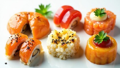 Various Japanese appetizers on white background , bowl, dumplings