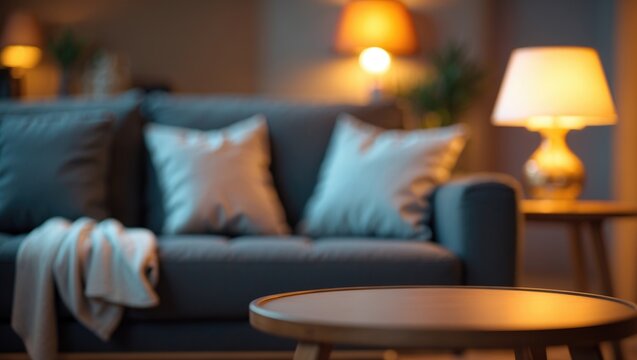 Out of focus perspective of contemporary living space featuring a grey couch and illuminated lamps