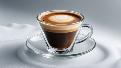 Naklejka premium Slanted view of a modern glass cup and saucer loaded with silky coffee, on a white backdrop with a slight drop shadow