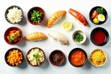 Various Japanese food items arranged neatly on white background, lunch, ramen, delicious