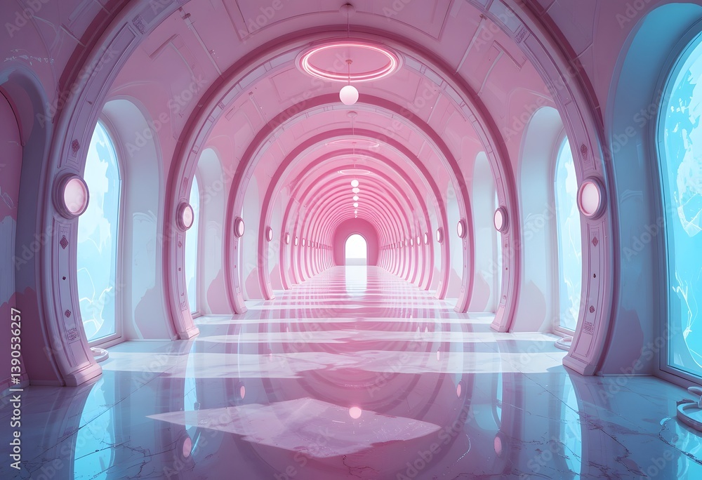 Poster Pink Corridor Dreamscape. Modern Architecture. Soft Pastel Hues Create An Inviting Space. Light Streams Through Arched Windows. Elegant Design For Inspirational Projects. Peaceful And Futuristic.
