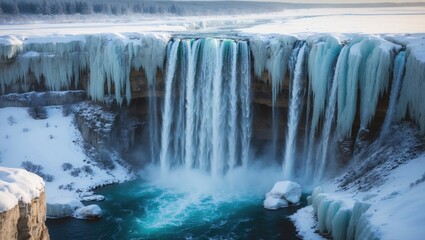 Stunning waterfall. Winter scenery.