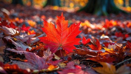 An exceptionally vibrant autumn maple leaf is positioned on the forest earth.
